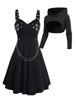 Rock Gothic Metal Piece Decorated V-Neck Vest Dress with Hooded Long Sleeve Top Two-Piece Set, Unique Gothic Style Detachable Chain Vest Skirt and Curved Hem Caped Long Sleeve Shirt, Versatile Separates Women's Outfit for Party and Casual Wear