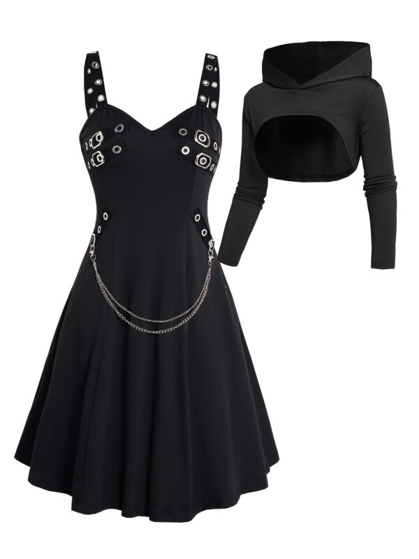 Rock Gothic Metal Piece Decorated V-Neck Vest Dress with Hooded Long Sleeve Top Two-Piece Set, Unique Gothic Style Detachable Chain Vest Skirt and Curved Hem Caped Long Sleeve Shirt, Versatile Separates Women's Outfit for Party and Casual Wear