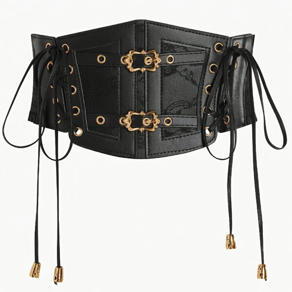 Women's Gothic Golden Double-Buckle Waist Cover - PU Leather & Polyester Blend with Lace Detailing, Plus Size Friendly for Nightclub, Date Night & Casual Outfits