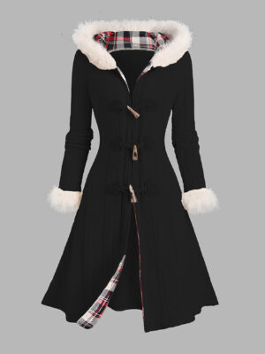Y2K-Inspired Plaid Patchwork Hooded Coat with Horn Buttons - Long Winter Coat for Women, Red & White Checkered Pattern, Cozy Fall/Winter Outerwear, Cozy Winter Wear | Y2K Fashion | Construction, Winter Coats