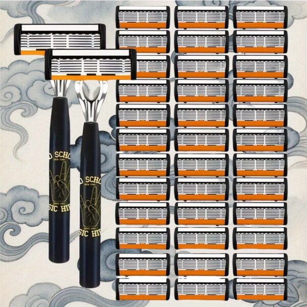 92c8213210af453ba95641fe9a31da83-goods.jpeg 2 handles + 36 blades, Men's stainless steel manual safety razor set with ultra-sharp blades, ergonomic design, easy to clean, durable, suitable for beards and beard trimming - metal handle, Light Beige curve blade technology, the perfect gift for Valentine