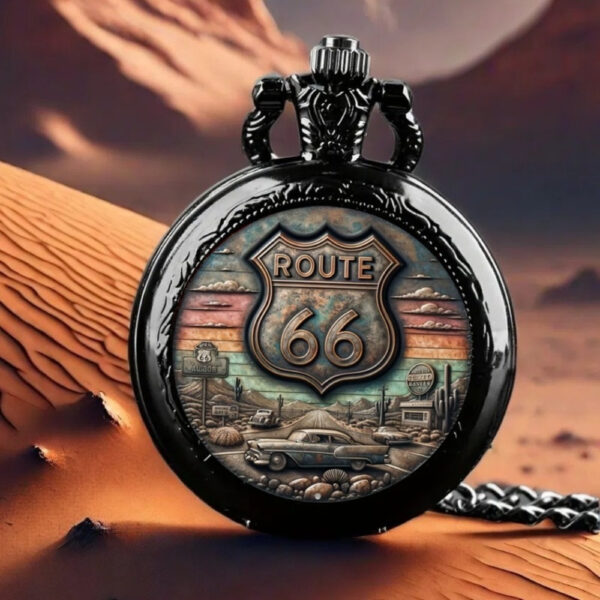 1pc Eternal Treasure, Elegant Retro Necklace Quartz Pocket Watch, Vintage Route 66 Pattern Creative Decoration Pocket Watch, Unique Halloween Christmas Birthday Gift