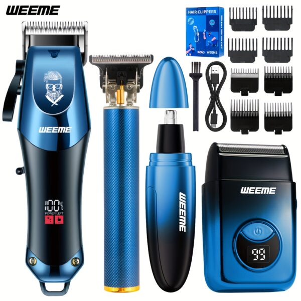 [Professional Hair Clipper Set] 4pcs Professional Wireless USB Charging Hair Clipper Set with Lithium Battery - Men's Electric Hair Clipper, Nose Hair Clipper, Shaver Set | Ideal Gift, Hair Accessories | Modern Hair Clipper Tools | Fashionable Blue Gradient Design