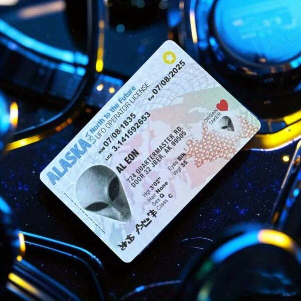 UFO Alien Driver's License Novelty Card – 0.76mm Thick PVC, Fun Party Gift & Wallet Insert for Costume Events, Role-Playing, and Birthdays, Featuring ALESAKA Design with Contact Info, Space Birthday Decorations, Roleplaying Accessory, Humorous Document, Detailed Graphics