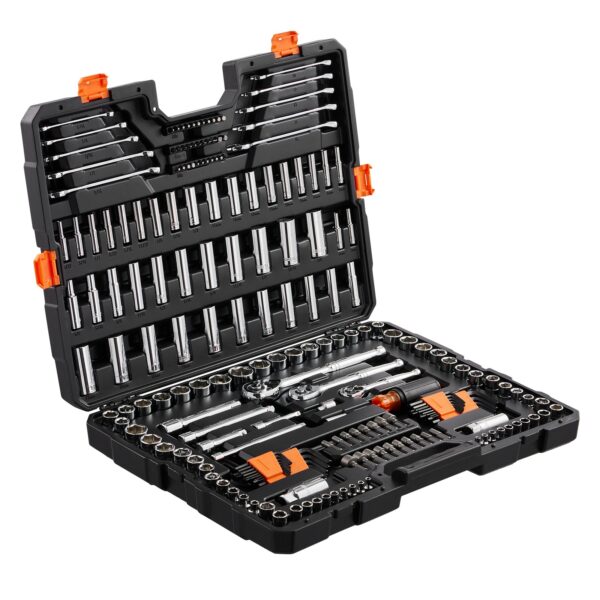 938d1bcc-7650-44c6-bb08-c9610af98f6f.jpeg 205-Piece Professional Mechanics Tool Set - Complete 1/4", 3/8", 1/2" Drive Socket Set with Ratchets, Extensions & Universal Joint - CR-V Chrome Vanadium Steel - Metric & SAE Sockets (5mm-24mm, 3/16"-1") - Includes Combination Wrenches, Screwdrivers, Pliers, Hex Keys - Heavy Duty Locking Toolbox - Perfect for Automotive Repair, Truck Maintenance, Motorcycle, Bicycle, Home Improvement & DIY Projects