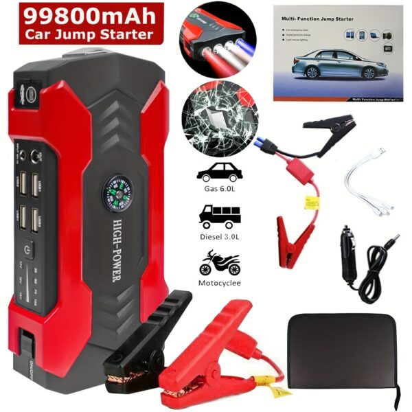 99800mAh High-Capacity Car Starter Battery Charger - Portable Mobile Phone Emergency Power for Car, Motorcycle, Yacht, and Outdoor Activities - with Flashlight and Compass