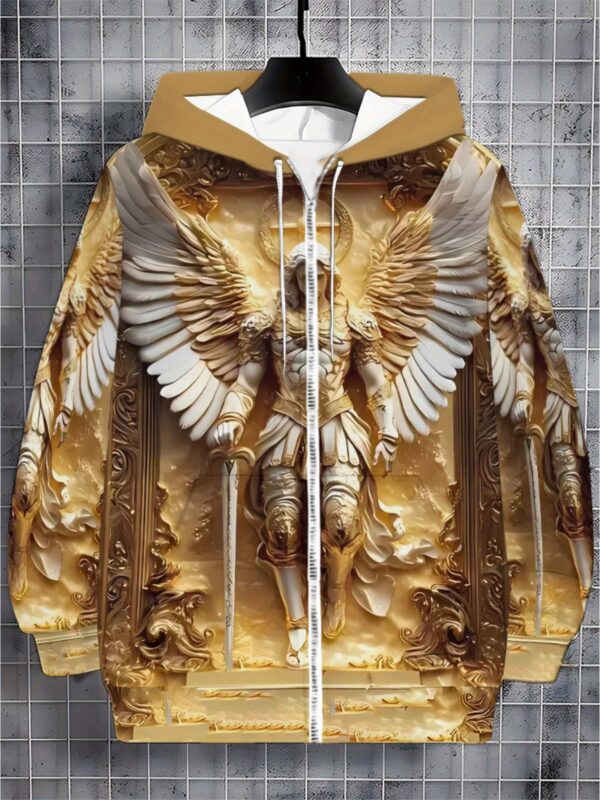 Men's Golden Angel Full-Zip Hoodie - Lightweight Polyester Zip-Up Sweatshirt, Golden Angel Wings Graphic Hooded Jacket for Casual Outfits, Everyday & Formal Events - Machine Washable Pullover, Seasonal Layering, Stylish Sweatshirt, Comfortable Fit, Zipfront Top, Urban Style