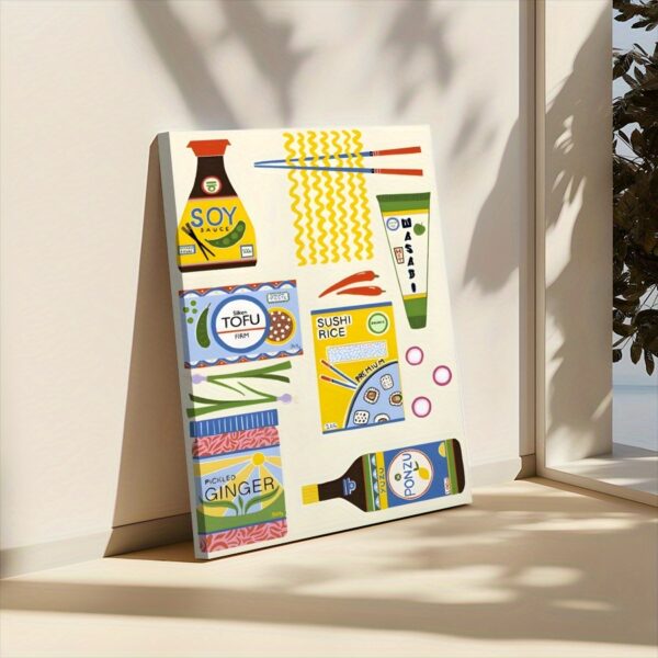 1pc Framed Japanese Food Ingredients Kitchen Art Print – Vibrant Soy Sauce, Tofu, Sushi & More Canvas Wall Decor for Bedroom, Living Room, or Home Office, Ready to Hang, Wooden Frame, Modern Style, Home Office Art | Japanese Cuisine Theme | Textured Canvas Print