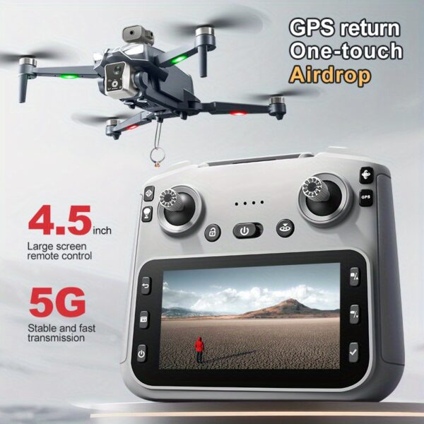 GPS Drone with RC Unloading Function, HD Dual Lens Aerial Photography with Two Batteries And Long Battery Life, 4.5-inch Large Color Screen with 360° Obstacle Avoidance Function, GPS Positioning, Brushless Motors, One-key Return, One-key Airdrop, And 5G Long-distance Transmission --- Capture The Perfect Scenery At The Moment Of Your Flight!