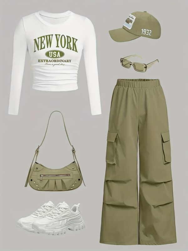 2025 New Arrivals In Elegant Style: Women'S Solid-color Crew-neck Long-sleeve Printed T-shirt And Cargo Pants Set, Suitable For Wearing All Year Round.(Not Including Hats, Glasses, Bags, Shoes)