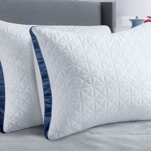 2-Pack Luxury Cooling Bed Pillows - Breathable Down Alternative Gusseted Supportive Pillows with White & Navy Blue Elegant Pattern, Soft Fiber Fill, Machine Washable - Hotel & Home Bedding for Side/Back/Stomach Sleepers, All-Position Use, Ideal for Modern Bedrooms (Blue & White) - Ideal Gift for Housewarming or Wedding - Cooling Technology for Enhanced Sleep Quality