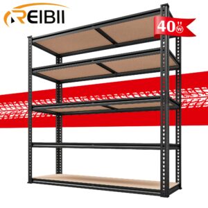 REIBII Heavy Duty 2500LB Capacity 5-Tier Adjustable Metal Shelving Unit with MDF Board Back Panels - 40"W x 72"H x 20"D Garage Storage Shelves, Easy No-Tool Assembly, Floor-Standing Design for Pantry, Warehouse, Closet, Office - Sturdy Rolled Edge Construction, 500LB/Shelf Capacity