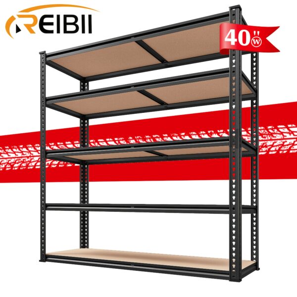 REIBII Heavy Duty 2500LB Capacity 5-Tier Adjustable Metal Shelving Unit with MDF Board Back Panels - 40"W x 72"H x 20"D Garage Storage Shelves, Easy No-Tool Assembly, Floor-Standing Design for Pantry, Warehouse, Closet, Office - Sturdy Rolled Edge Construction, 500LB/Shelf Capacity