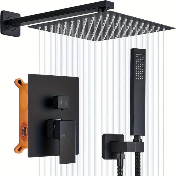Matte Black Shower Faucet Set, Rainfall Bathroom Shower System Fixture 8 Inch High Pressure Square Rain Shower Head With Handheld Sprayer Combo Wall Mount With Rough-in Valve