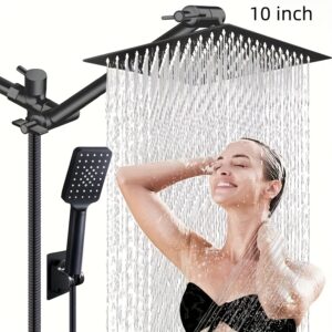 10" High Pressure Rainfall & Handheld Shower Combo with 11" Extension Arm, 3 Settings, Anti-Leak Design, Adjustable Height/Angle, Wall-Mounted, Chrome Finish, Matte Black, Modern Square Design