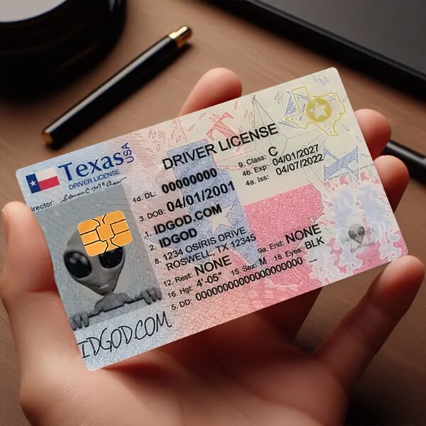Texas Driver License ID Card with Alien Face & IDGOD.com Logo - PVC Laminated Card Holder, Black & Pink Design, Includes Pen & Keychain for Car Keys, Keys for Car, Playful Design, Durable Card Material