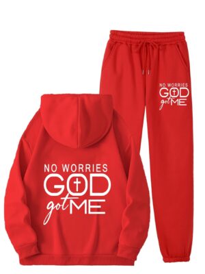 No Worries GOD Got Me Printed Women's Casual Sports Set, Sports Kangaroo Pocket Hoodie Set, Women's 2pcs Warm Set