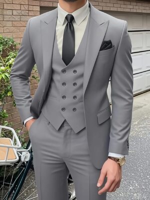 [Premium Formal Suit] Premium Men's Three-Piece Suit - Formal Blazer, Trousers & Vest with Black Tie & Pocket Square | Durable Woven Fabric, Regular Fit, Long Sleeve, Solid Color | Ideal for Weddings, Work, and Formal Events