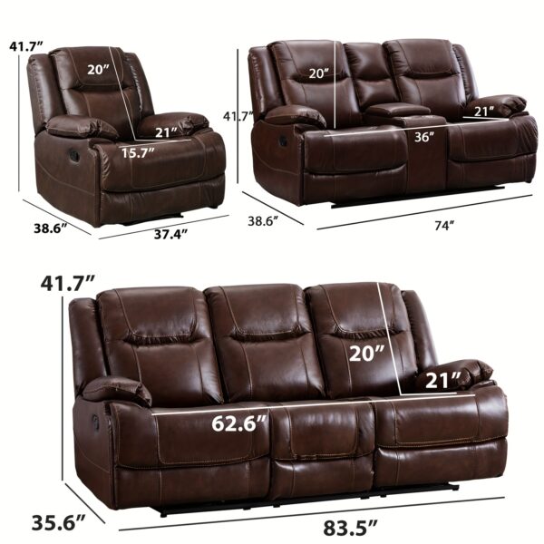 97bff8fa-8aee-474e-b287-005410f6b671.jpg Wide Modern Overstuffed Manual Premium Genuine Leather Triple Seater Recliner Sofa With Cup Holder, Hidden Storage, For Living Room, Bedroom, Meeting Room (Loveseat, Sofa)