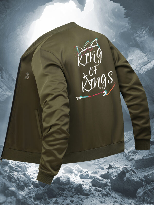 Men's Casual Jacket | Navy Blue Polyester-Elastane Blend | Geometric Pattern with "King of Kings" Print | Baseball Collar, Zip Closure | All-Season Wear | Machine Washable & Dry Clean Safe | Stylish Regular Fit Outerwear