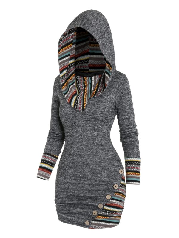 Women'S Tribal Geometric Stripe Patchwork Hooded Knit Dress, Long Sleeve Bodycon, Casual Style, 95% Polyester 5% Spandex, All Season, 240g/m² Knit Fabric, with Fake Buttons Detail