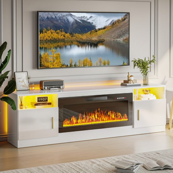 OFIKA 70" Modern White TV Stand with Fireplace & LED, 36" Wide Media Console, s & Open Shelves, Fiberboard, Compatible with up to 80" TVs, Hardwired 120V, Freestanding -Standing Design for Living Room, Minimalist Entertainment Center with Realistic Flame Effect, Modern Wood Media Console with Highlight Cabinet