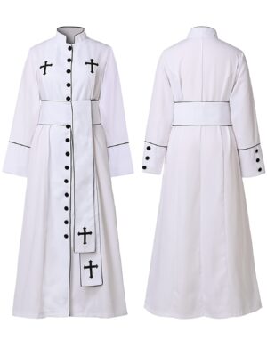 1pc Men's Vintage Gothic Priest Robe with Cross - Heavy-Duty Clerical Costume Set, Long Sleeve Button Front Closure, Stand Collar & Belt - White & Black Ecclesiastical Attire for Halloween, Church Events, Cosplay, Themed Parties - Non-Stretch Fabric, Easy Assembly, Hand Wash/Dry Clean - Ideal for Gothic Weddings, Christmas, Carnival, Anime Conventions