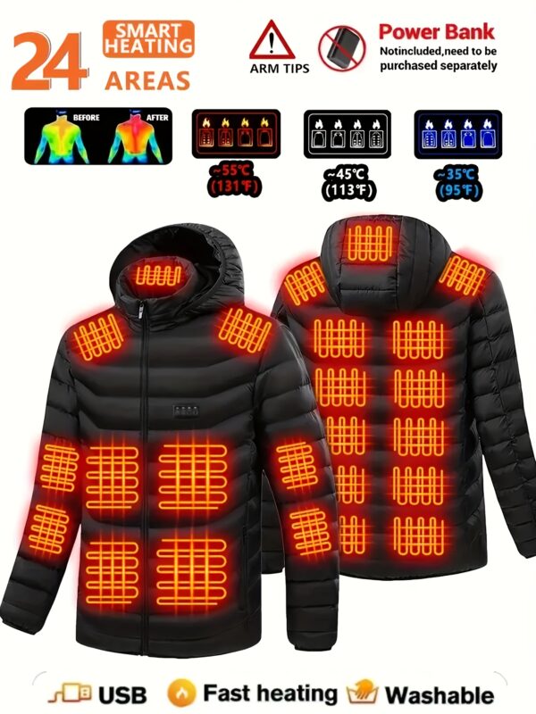 21-zone Heated Jacket for Men and Women - USB Powered Electric Warm Coat with 4 Switches to Control Heating Zones, Motorcycle Riding Camping Hooded Winter Outerwear, Non-Stretch Fabric, Perfect for Fall/Winter, Winter Camping Gear | Hooded Jacket | Durable Zipper Closure, Winter Camping Gear Essentials