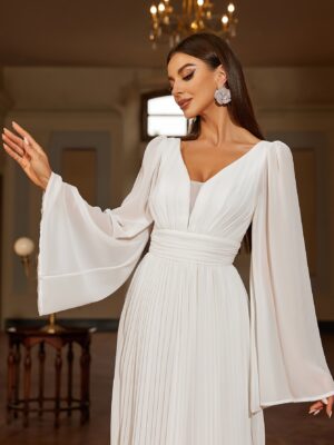 Solid V-neck Pleated Sweep Train Dress, Elegant Flare Sleeve Trumpet Dress For Wedding Party, Women's Clothing