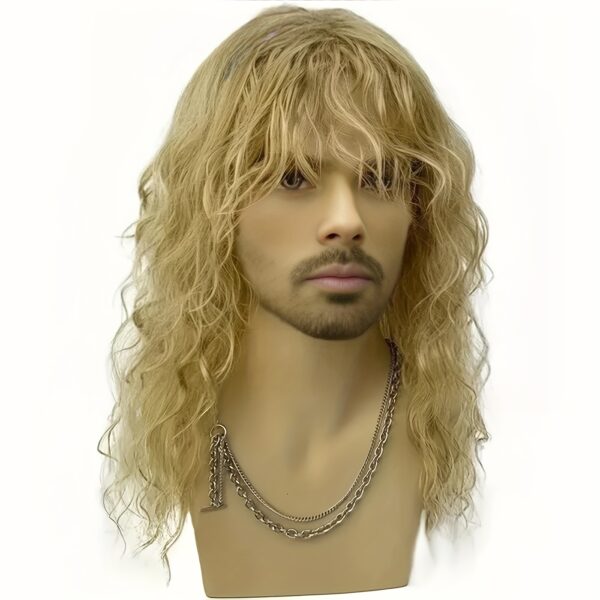 Men's 70s 80s Retro Long Curly White Wig with Bangs - Heat Resistant Synthetic Body Wave 180% Density Rose Net Cap for Halloween Cosplay & Themed Parties, Cosplay Wig, Costume Accessory, 70S Style, Comfortable Fit, Party Accessory, Party Goers