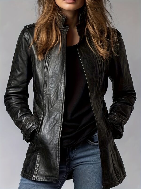 Women's Retro Motorcycle-Inspired PU Leather Jacket - Stand Collar & 3D Sleeve Effect, Plus Size Loose Fit Mid-Length Cardigan with Side Pockets, Split Hem, Spring Summer Fall Casual Outerwear, Motorcycle Jacket, Casual Attire, Vintage Aesthetic, Durable Construction, Urban Commuters