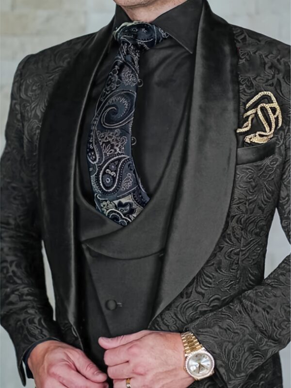 Three piece Men's patterned groom wedding suit jacket vest pants set floral formal suit suitable for parties, dinners, dances