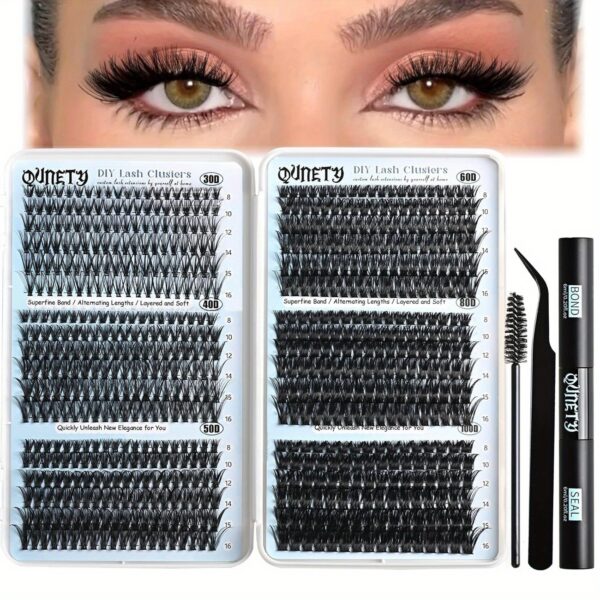 Lash Clusters Kit 720pcs Clusters Lash Extension Kit 30D-100D DIY Eyelash Extensions Kits C Curl Individual Wispy Lashes Cluster Natural Eye Lash Trays With Glue&Tweezers For Beginners