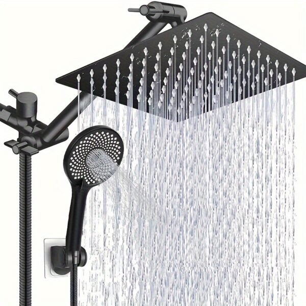 1pc Shower Head, Stainless Steel Electroplated Black Top Spray with 3 Water Flow Modes, Handheld Shower, Adjustable Angle Metal Extension Rod, 11 Inches/59 Inch Stainless Steel Hose, Bathroom Accessory for 10/12 Inches