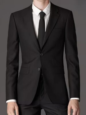 2pcs Set Men's Professional Suit - Lapel Collar, Solid Black, Slight Stretch Polyester - All Season Wear | Smooth 550g/m² Woven Fabric | Regular Fit for Business & Leisure