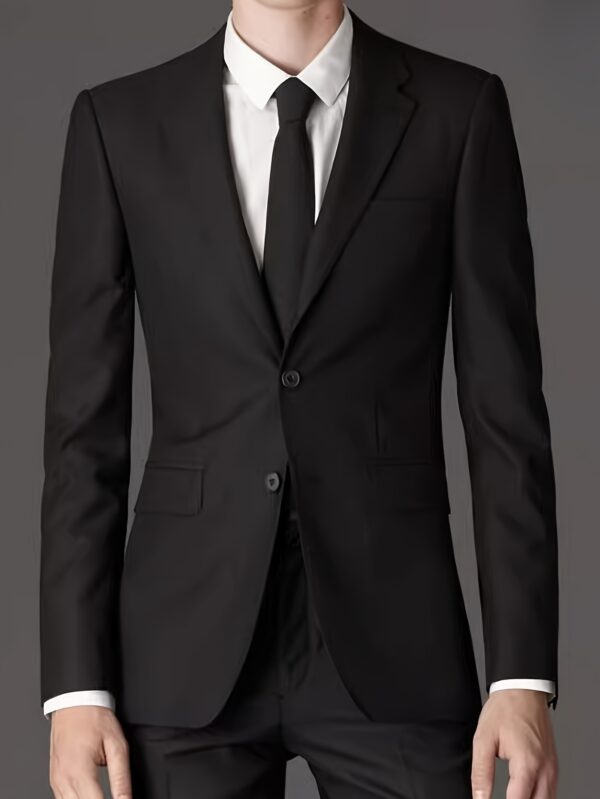 2pcs Set Men's Professional Suit - Lapel Collar, Solid Black, Slight Stretch Polyester - All Season Wear | Smooth 550g/m² Woven Fabric | Regular Fit for Business & Leisure