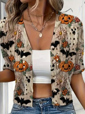 Women'S Halloween Cardigan - V-Neck Open Front Sweater with Pumpkin Bat Print, Lightweight Layering Piece for Halloween Party, Beach Outfit, Everyday Chic - Spring/Fall/Summer Transitional Clothing, Halloween Clothes, Seasonal Fashion, Bohemian Style, Durable Knitwear, Fall Wardrobe, Breathable Fabric, Short Sleeve Top, Casual Wearers