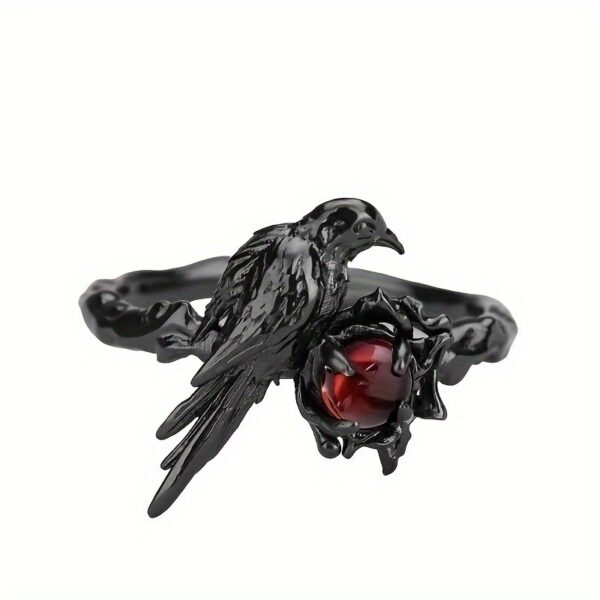 Black Wind Crow Ring - Adjustable Open Band with Red Faux, Gothic Jewelry for Halloween, Everyday & Party Wear, Durable Alloy Band for Teenager, Year-Round Accessory, Halloween Jewelry, Intricate Design, Synthetic Faux, For Teenager