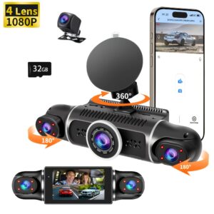 4-Camera HD 1080P WiFi Dash Cam with Night Vision, Super Wide Angle 170°, G-Sensor, 32GB Memory Card Included, Front & Rear Car Recorder for Safe Driving, Comprehensive Dash Cam | Sleek Black Design | Durable Camera System