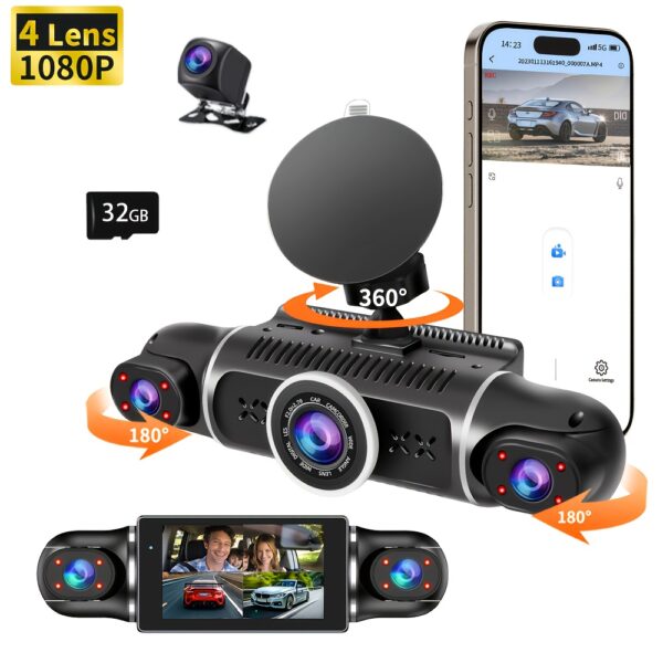 4-Camera HD 1080P WiFi Dash Cam with Night Vision, Super Wide Angle 170°, G-Sensor, 32GB Memory Card Included, Front & Rear Car Recorder for Safe Driving, Comprehensive Dash Cam | Sleek Black Design | Durable Camera System