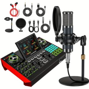Podcast Equipment Bundle, Recording Studio Package with Voice Changer, mic Live Sound Card - Audio Interface for Laptop Computer Vlog Living Broadcast Live Streaming Plug & Play PC Computer Kit with Professional Chipset for Gaming, Singing, Karaoke DJ