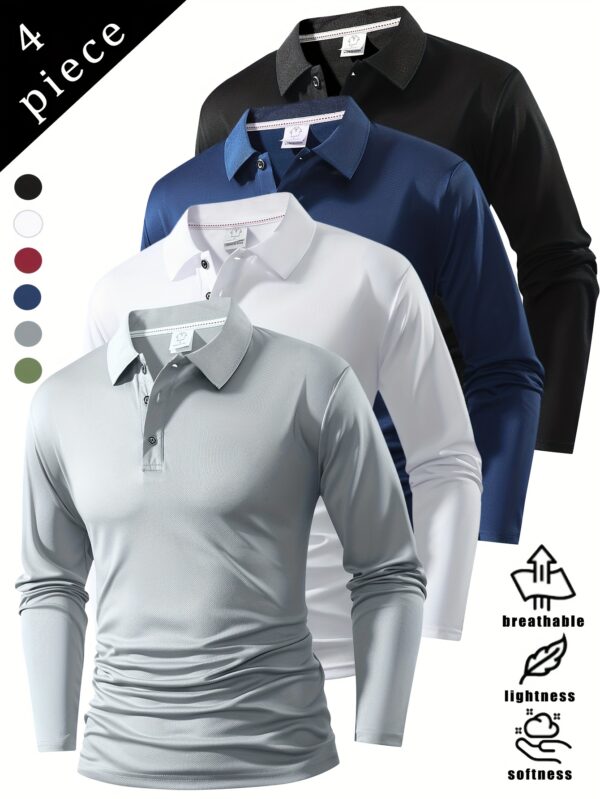 9cb9b026-65d5-40df-bca4-d6f71b87689d.jpg 4pcs Men'S Long Sleeve Polo Shirts - Breathable, Soft & Comfortable Polyester, Solid Color (Red, Blue, Black, Green) - Casual & Sporty Style for Spring/Fall, Spring Fall Apparel | Classic Collar Design | Smooth Texture Fabric
