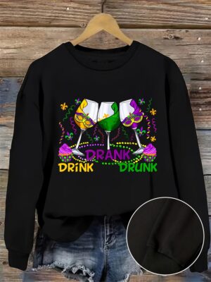 9cba0717378277f15451a29cbb99b49b_0SrF3TA29KzGn.jpg 1pc Mardi Gras Themed Oversized Sweatshirt for Women, Casual Polyester Pullover with Elasticity, Round Neck, Letter Print Design, Spring/Autumn Fashion Top