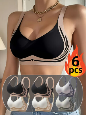 6-Pack Women'S Seamless Wireless Bras - Lightweight, Breathable, Moisture-Wicking Push-Up Bralettes with Adjustable Cross-Back Straps, Non-Removable Padded Cups for Everyday Comfort, Elegant Solid Color Design, Comfortable Undergarment, Sleek Bra Design, Lightweight Bra, Durable Construction, Supportive Undergarment, Casual Attire