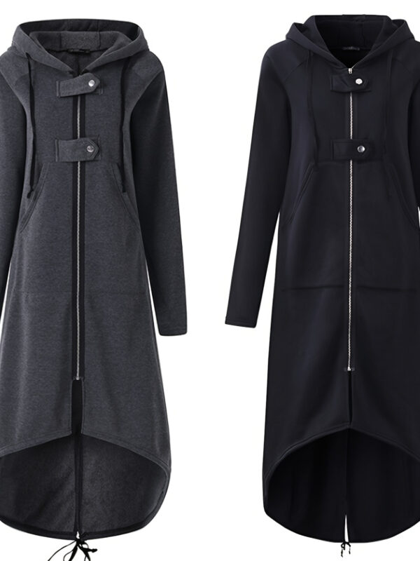 9d5b8f8b-f197-4d4f-a4d5-9d23966f1411.jpg Women's Chic Black Long Windbreaker Coat with Zipper - Casual Hooded Winter Jacket, Polyester, Machine Washable, Knit Fabric, Solid Color, Perfect for Vacation