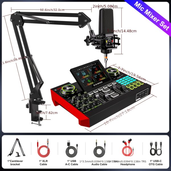 Professional Live Streaming Equipment Podcasting Equipment DJ Audio Mixer Loudspeaker Studio Mixing Equipment Kit Computer Audio Interface with Linear Microphone for Live Singing, Game Dubbing And Mobile Streaming Recording