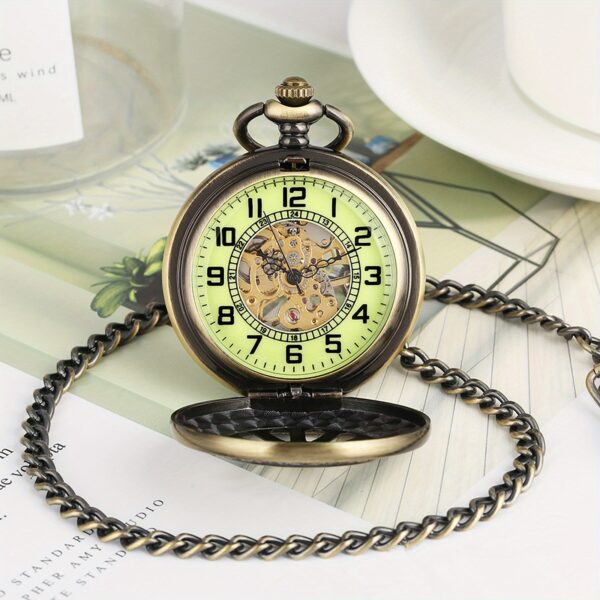 9e94e8065e2d450f9674516f6b8b3701-goods.jpeg Classic Mechanical Pocket Watch Skeleton Vintage Luminous Pocket Watch Roman Numberals Dial Pocket Watch