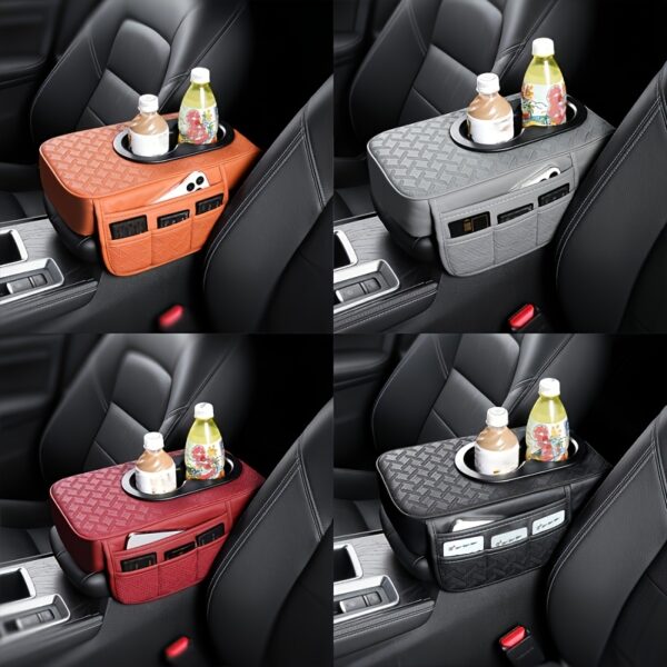 Universal Car Armrest Box Cover, Faux PU Leather Center Console Mat with 2 Side Pockets +2 Cup Holders Multi-Function Storage for Phone/Water Bottle/Cards Compatible with Most Models, 3pcs Tissue Holder Replacement Set-1