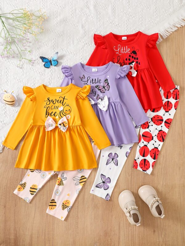 Girl's autumn and winter baby girl's autumn and winter cute animal letter printed flying sleeve long sleeved top+animal full printed long pants three piece set of 6pcs, suitable for outdoor leisure, a gift for children, Perfect for Outdoor