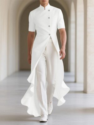 INCERUN Men'S Lightweight Jacket - Asymmetric Ruffle Hem, Stand Collar, Front Button Closure, Loose Fit Blazer for Formal & Casual Events - Modern Minimalist Outerwear (Black/Other Colors Available) - Easy-Care Everyday & Special Occasion Coat, Summer Fashion, Contemporary Design, Breathable Fabric, Stylish Coat, Urban Style, Versatile Coat, Durable Construction, Fashion Coat, Young Professionals, Vintage Look, Asymmetrical Ruffles, Durable Outerwear, Shirts And Outerwear